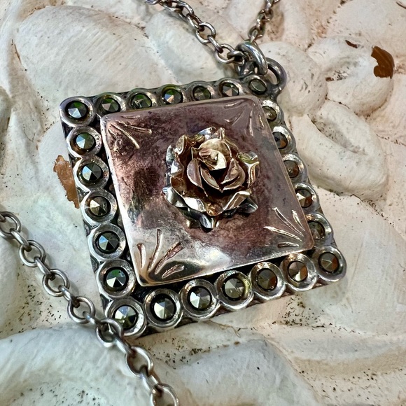 Vintage Silver Handmade 3-D Rose square pendant with Marcasite estate piece - Picture 3 of 15